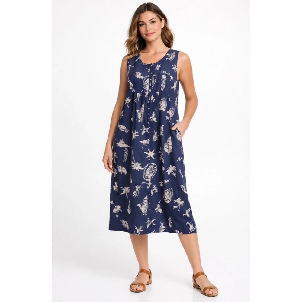 Sonoma Linen Blend Sleeveless Midi Dress Women's L Blue Beach Print Button Front